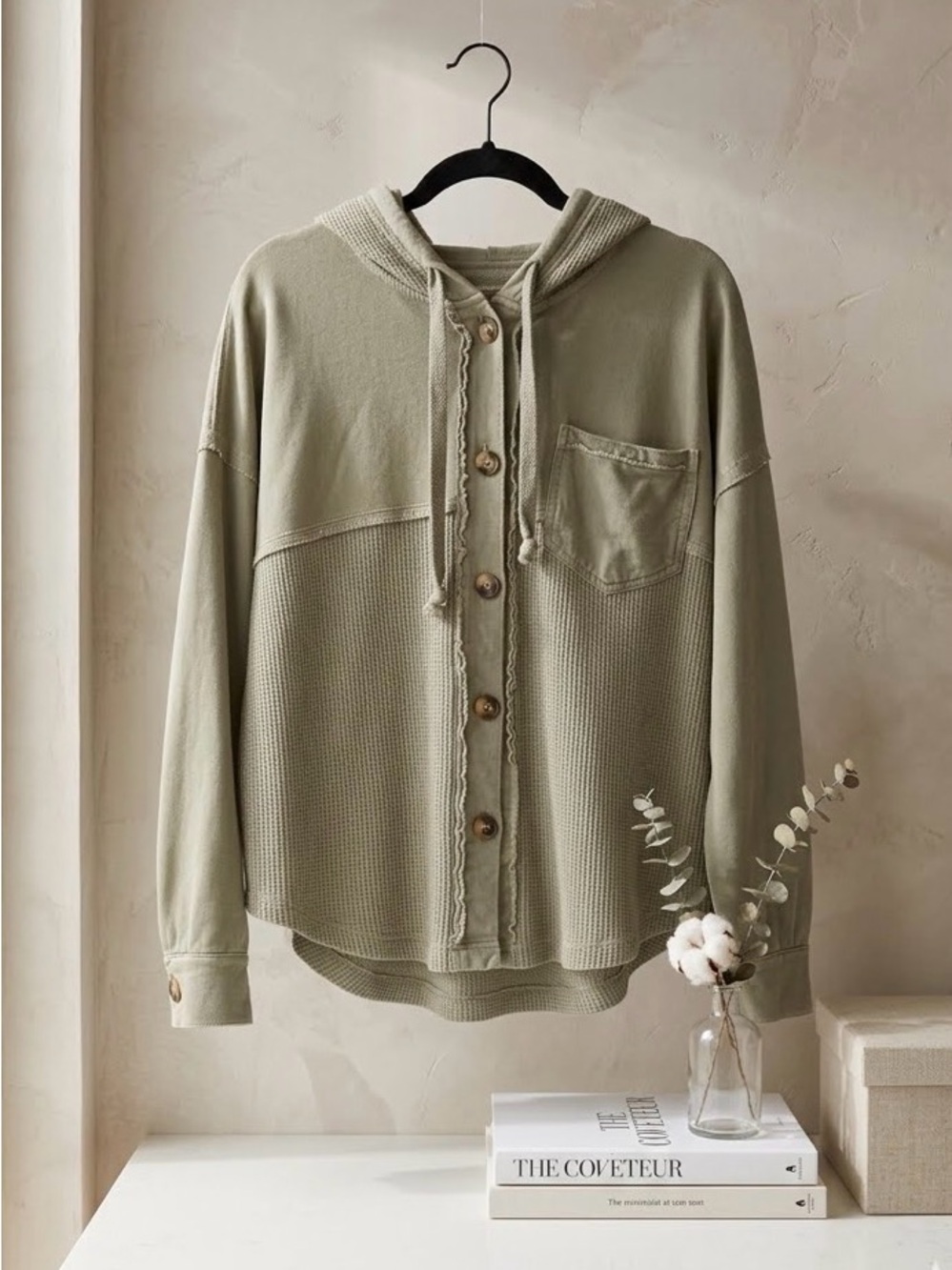 American Eagle Outfitters Sage Green Hooded Button-Up Waffle Knit Pullover